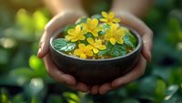 Female hands holding stone bowl with floating yellow wildflowers and green leaves in water, creating zen-like spa atmosphere against blurred natural background.