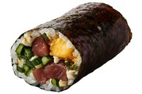 Fresh sushi roll with tuna, cucumber, mango, and cream cheese wrapped in nori seaweed and sushi rice, isolated on white background for menu design and food delivery.