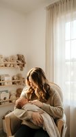 Young Caucasian mother breastfeeding newborn baby in cozy nursery room with natural sunlight streaming through window creating warm intimate bonding moment.