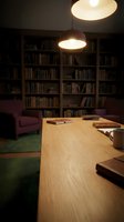 Cozy library interior with wooden table, pendant lights, bookshelves and purple armchair creating warm reading atmosphere for study and relaxation.