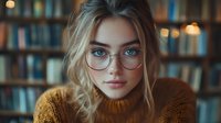 Young Caucasian woman with blonde hair and blue eyes wearing glasses and orange sweater in library setting with soft bokeh lighting and bookshelves in background.