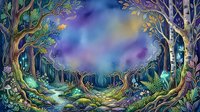 Enchanted forest pathway with glowing trees and magical atmosphere, featuring vibrant purple, blue, and green tones, mystical woodland scene for fantasy art, book illustrations, and creative design projects.