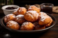 Freshly baked homemade donuts dusted with powdered sugar served on rustic plate with jam in background for breakfast or dessert.