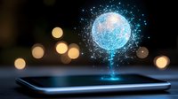 Glowing blue holographic globe projection emerging from smartphone screen with network connections and bokeh light effects in dark background.