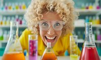 Excited female scientist with curly blonde hair and glasses expressing joy while conducting colorful chemical experiments in laboratory with various test tubes and flasks.