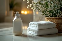 Spa wellness composition with white towels, cosmetic bottle and flowers in basket on marble surface against warm ambient lighting background.