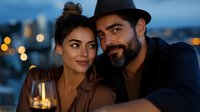 Romantic couple enjoying evening wine date outdoors with city lights and bokeh background, sharing intimate moment at dusk. Mediterranean woman and bearded man in hat.