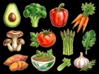 Assorted fresh vegetables isolated on transparent background, including avocado, broccoli, bell pepper, carrots, mushrooms, tomato, asparagus, sweet potato, lentils, celery, garlic and herbs. Ready for clipart, t-shirt design, print-on-demand products and sublimation projects.