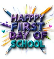 Colorful text saying Happy First Day of School surrounded by pencils and small hearts, featuring purple and turquoise gradient lettering with a dynamic burst effect background.