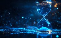 Futuristic hourglass with glowing blue particles against dark background, symbolizing time management and digital transformation in business concepts.