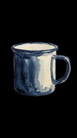 Vintage enamel mug with navy blue and cream watercolor finish, isolated on transparent background. Ready for t-shirt designs, clipart, stickers, and print-on-demand products.
