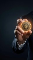Businessman hand holding glowing smart contract verification coin with circuit chip design on dark background for blockchain technology concepts.