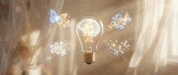 Glowing light bulb with floating gears, butterflies and mechanical elements representing innovation, creativity and bright ideas for business concepts.