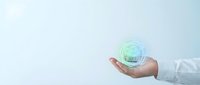 Caucasian male hand in white shirt holding glowing digital fingerprint sphere, representing biometric security, identity verification, and technology innovation for business applications.