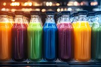 Colorful fresh cold-pressed juices in glass bottles arranged in row. Vibrant healthy drinks with orange, green, blue, pink and yellow smoothies on dark background.