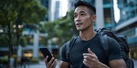 Young Asian man checking smartphone while walking in urban environment with backpack, modern city buildings and greenery in background.
