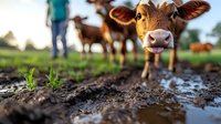 Curious brown calf looking directly at camera with wet nose, standing near puddle on muddy pasture at sunset, with farmer and cattle herd in blurred background.