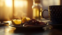Fresh dates and pineapple slices on ceramic plate with morning sunlight streaming through window, dark coffee cup, moody atmospheric breakfast setting.