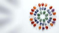 Colorful gemstones arranged in perfect circle pattern on white marble surface. Natural healing crystals display for jewelry making and spiritual wellness.