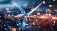 Digital wind turbine with glowing energy connections against blurred city lights background, representing renewable energy technology and smart power grid solutions.
