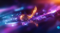 Glowing musical note floating in abstract space with vibrant purple and blue bokeh lights, sparkling particles create magical atmosphere for music background.