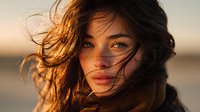 Young woman with flowing hair in golden sunset light, natural beauty portrait with warm glow and windswept movement for lifestyle and wellness content.