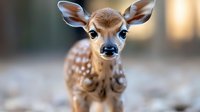 Young deer fawn with spotted coat and alert expression looking directly at camera in natural outdoor setting with blurred background.