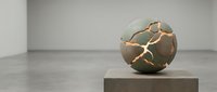 Cracked sphere with green glass fragments held together by golden metal bands, displayed on concrete pedestal in minimalist gallery setting.
