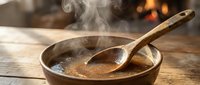 Steaming hot broth or soup in rustic wooden bowl with wooden spoon, perfect for food and cooking content.