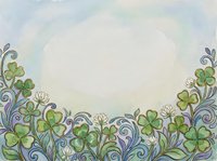Watercolor border with green shamrocks, clover flowers, and swirling vines on soft blue background, framing a central oval copy space.