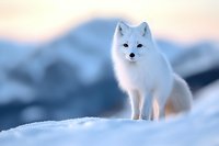 Arctic fox standing alert in snowy winter landscape at sunset, white fur contrasting against blue mountains and pink sky, wildlife photography composition.