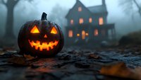 Glowing carved pumpkin with classic jack o lantern face in dark foggy night, haunted house silhouette in background, fallen autumn leaves on ground, spooky Halloween scene.