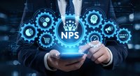 Businessman using smartphone with glowing NPS net promoter score interface and customer satisfaction icons in digital business environment.
