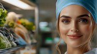 Young female medical professional in scrub cap smiling confidently in hospital setting with fresh produce and healthy food in background, representing healthcare and nutrition.