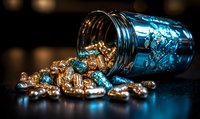 Spilled glass jar with shiny golden and blue wrapped chocolate candies on dark surface, dramatic lighting creates luxurious mood with bokeh background effect.