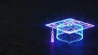 Digital graduation cap with glowing particles and data streams representing online education technology and academic achievement in futuristic style.