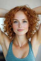 Young woman with natural red curly hair, freckles and bright blue eyes wearing turquoise tank top smiling at camera with hands behind head in relaxed pose.