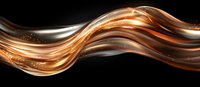 Flowing golden and silver waves with sparkling particles create dynamic motion effect against black background. Luxury abstract design element.