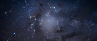 Cosmic constellation map with connected stars forming geometric patterns against deep space nebula background with twinkling starfield and cosmic dust.
