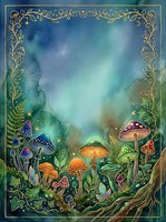 Enchanted forest floor with colorful mushrooms, ferns, and ornate gold botanical border frame on watercolor background. Suitable for fantasy art, book illustrations, and mystical designs.