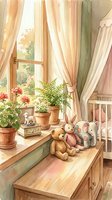 Cozy nursery window sill with stuffed animals, potted plants and warm sunlight streaming through curtains creating peaceful childhood atmosphere.