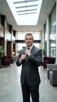 Confident mature Caucasian businessman in gray suit adjusting tie in modern office lobby with skylight for corporate marketing materials.