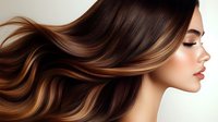 Young Asian woman with flowing brown hair featuring caramel highlights and balayage technique, side profile view showing natural makeup and smooth skin texture for beauty and hair salon.