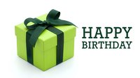 Green gift box with dark ribbon and Happy Birthday text on white background, perfect for greeting cards and celebration designs.