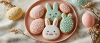 Festive Easter cookies decorated with pastel frosting on pink ceramic plate, featuring bunny shapes, eggs, and spring motifs with delicate details.