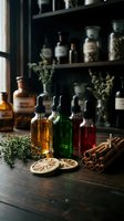 Vintage apothecary bottles with herbal tinctures and natural ingredients on wooden table in traditional pharmacy setting for alternative medicine concepts.