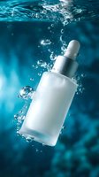White frosted glass dropper bottle with silver metallic cap submerged in turquoise water with bubbles and splashes, suitable for skincare, cosmetics, serums, and beauty product marketing.