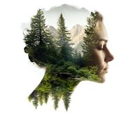 Double exposure portrait combining female profile with mountain forest landscape, evergreen trees and reflective lake creating dreamy nature silhouette effect.