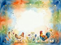Watercolor farm scene with rooster, hen, and colorful flowers framed by ornate swirls. Isolated on white background, ready for greeting cards, invitations, and design projects.