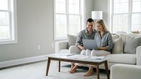 Young Caucasian couple working together on laptop computer while sitting on modern gray sofa in bright living room with large windows and minimalist decor.